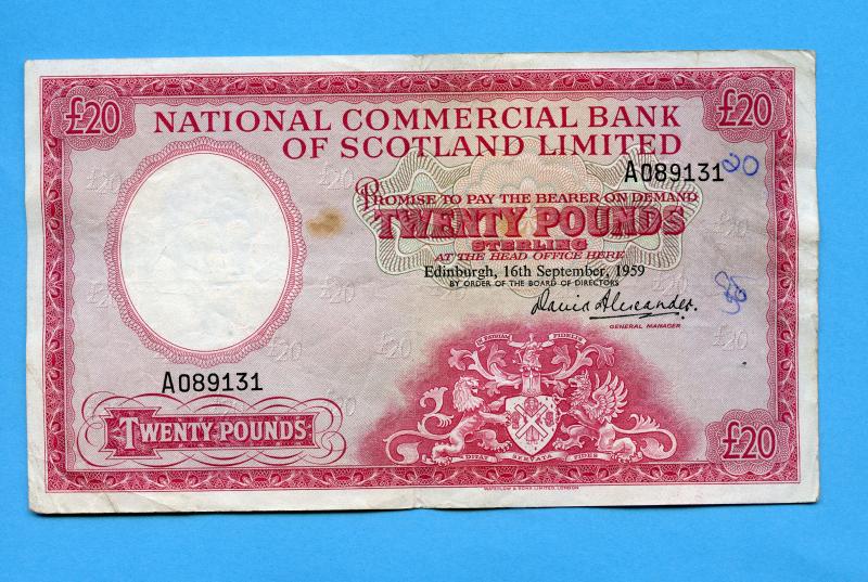 National Commercial Bank of Scotland  £20  Twenty Pounds Banknote Dated  16th September 1959