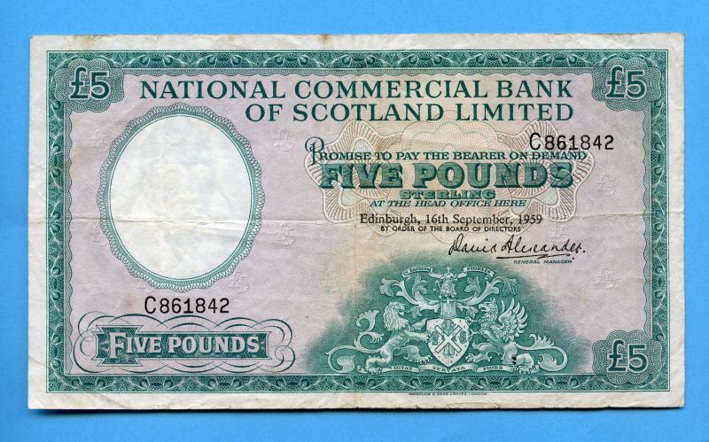 National Commercial Bank of Scotland £5 Five Pounds Banknote Dated  16th September 1959