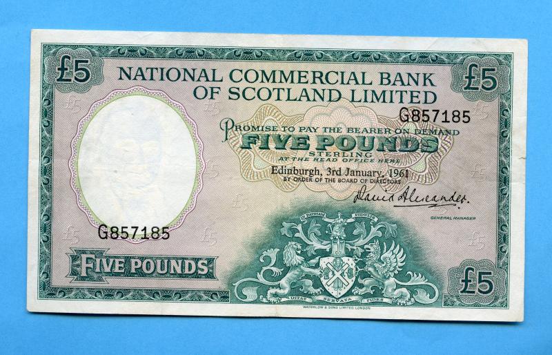 National Commercial Bank of Scotland  £5  Five Pounds Banknote Dated 16th September 1959