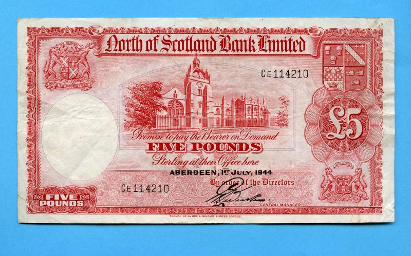 North of Scotland Bank Five Pounds Note Dated 1st July 1944