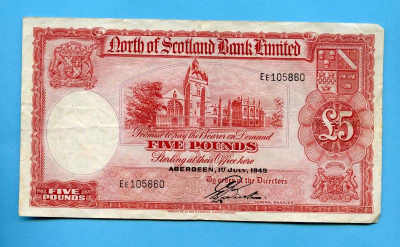 North of Scotland Bank Five Pounds Note Dated 1st July 1949