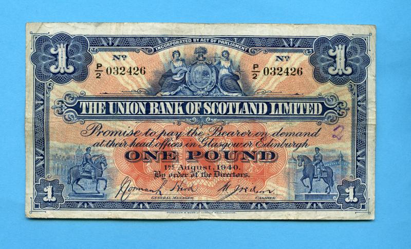 The Union Bank of Scotland £1 One Pound Banknote Dated 1st August 1940