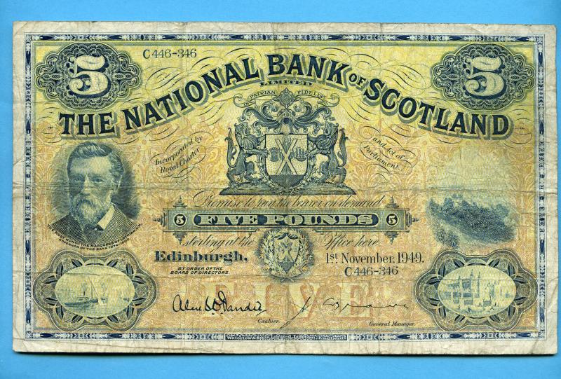 National  Bank of Scotland  £5 Five Pounds Banknote Dated 1st November 1949