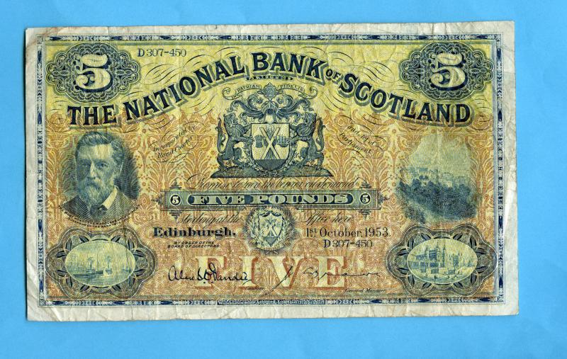 National  Bank of Scotland  £5 Five Pounds Banknote Dated 1st October  1953