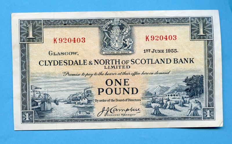 The Clydesdale Bank & North of Scotland Ltd  £1 One Pound Banknote Dated 1st June 1955