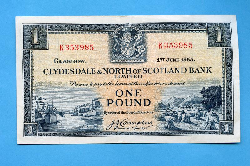 The Clydesdale Bank & North of Scotland Ltd  £1 One Pound Banknote Dated 1st June 1955