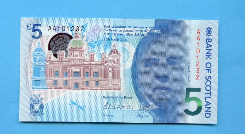 Bank of Scotland £5 Five Pounds Note New Polymer Type Prefix AA Dated 25th March 2016