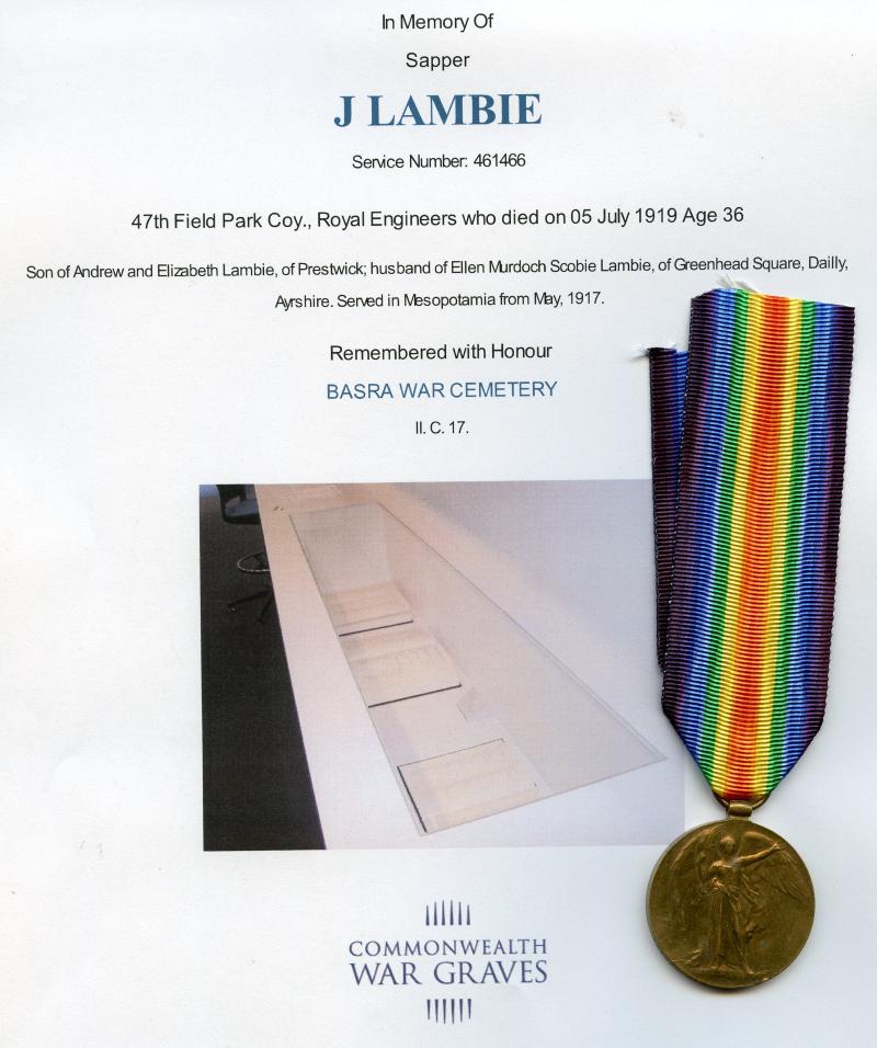 WW1 Victory Medal to Sapper  John Lambie, Royal Enginners (Iraq Casualty 1919)
