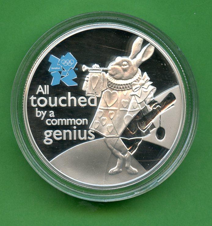 UK 2010  2012 Olympic Celebration of Britain:  Alice in Wonderlands White Rabbit Silver Proof £5 Five Pound Coin