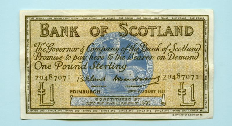 Bank of Scotland  £1 One  Pound Note Dated 29th August  1958