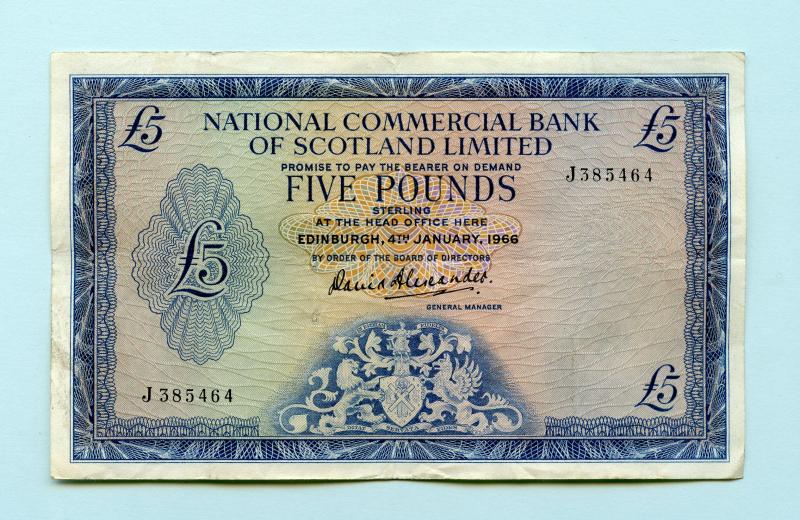 National Commercial Bank of Scotland  £5  Five Pounds Banknote Dated 4th January 1966