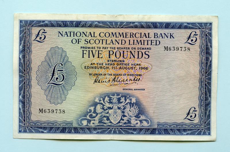 National Commercial Bank of Scotland  £5  Five Pounds Banknote Dated 1ST August 1966