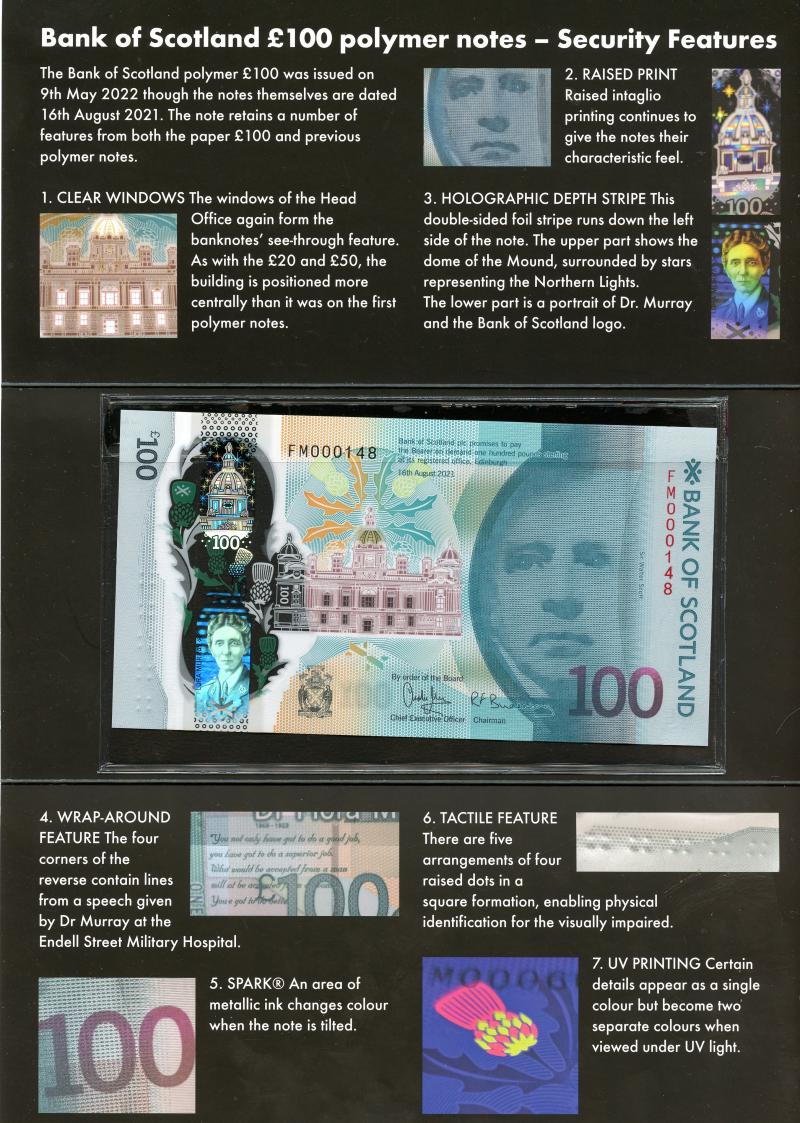 Bank of Scotland  New Polymer Low Serial Number in presentation pack Dr Flora Murray Commemorative £100 One Hundred Pounds Note Dated 16th August 2021