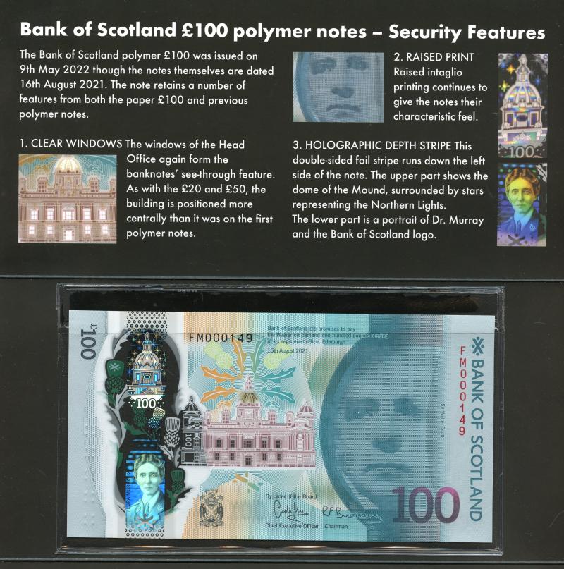 Bank of Scotland  New Polymer Low Serial Number in presentation pack Dr Flora Murray Commemorative £100 One Hundred Pounds Note Dated 16th August 2021