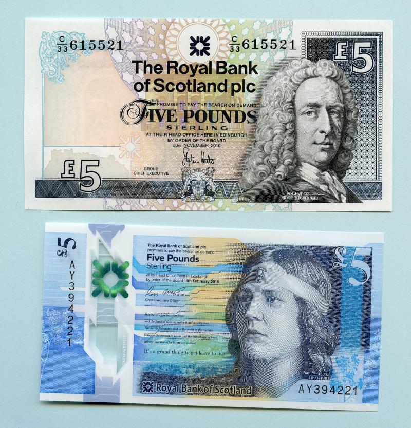 Royal Bank of Scotland Last paper & First Polymer Uncirculated £5 Banknote Pairs