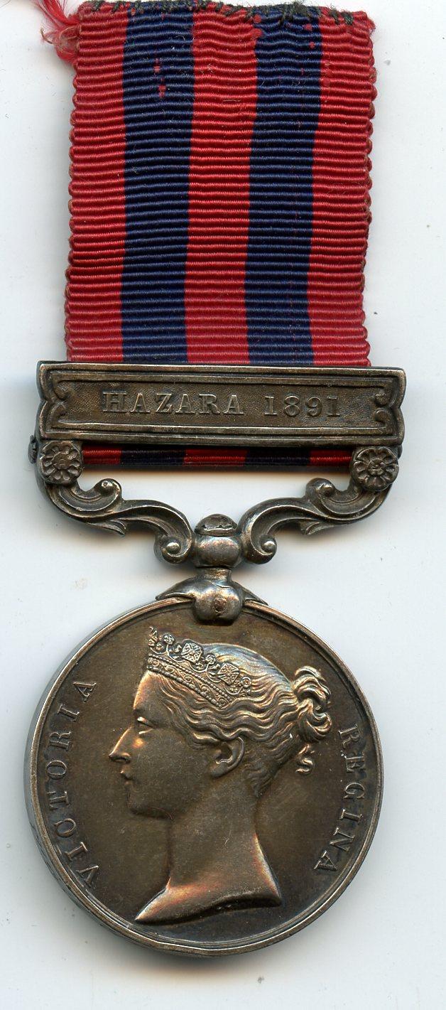 India General Service Medal 1854-95 1 Clasp ; Hazara 1891 To Pte John Lowe, Royal Welsh Fusiliers