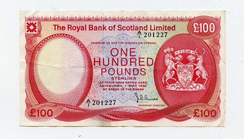 Royal Bank of Scotland  £100 One Hundred Pounds Banknote Dated  1st May 1981