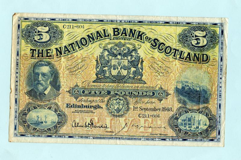 National  Bank of Scotland  £5 Five Pounds Banknote Dated 1st September 1948