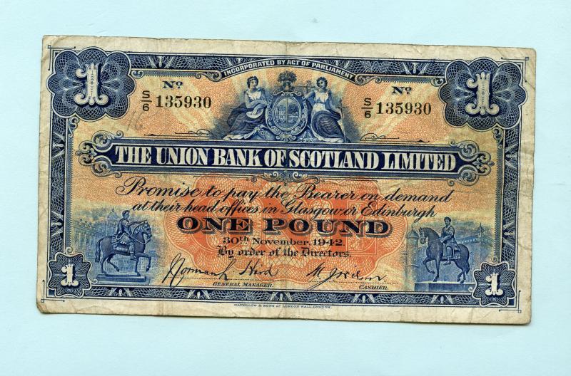 The Union Bank of Scotland £1 One Pound Banknote Dated 30th November 1942