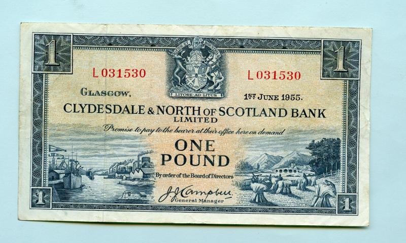 The Clydesdale Bank & North of Scotland Ltd  £1 One Pound Banknote Dated 1st June 1955