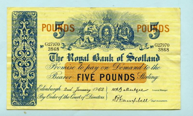 Royal Bank of Scotland   £5 Five Pounds Note Dated 2nd January 1962