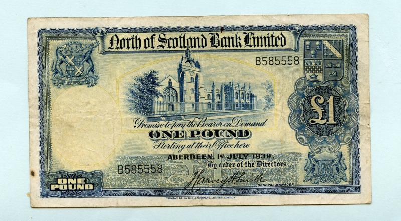 North of Scotland Bank One Pound Note Dated 1st July 1939