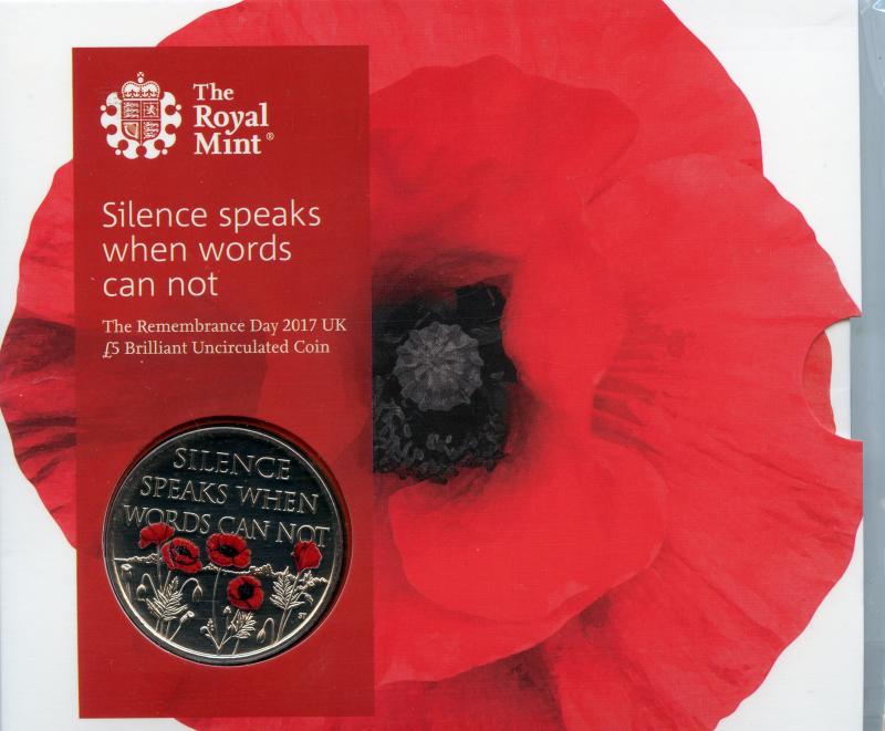 UK Royal Mint 2017 Remembrance  Silence Speaks Brilliant Uncirculated £5 Coin