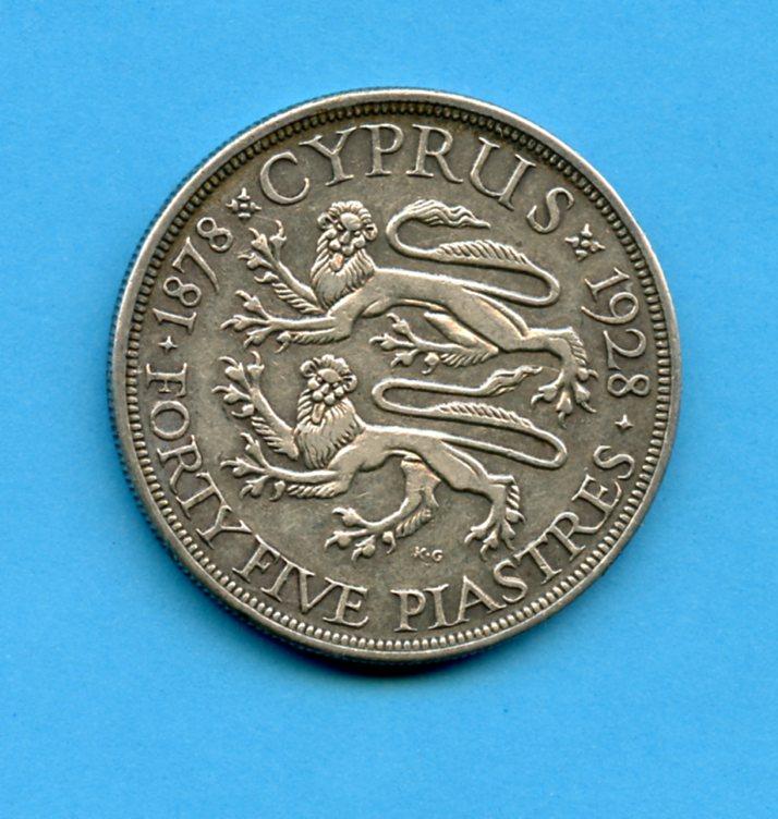 Cyprus Forty Five Piastres Silver Crown Coin 1928