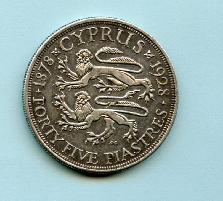 Cyprus  Forty Five Piastres  Silver Crown Coin Dated  1928