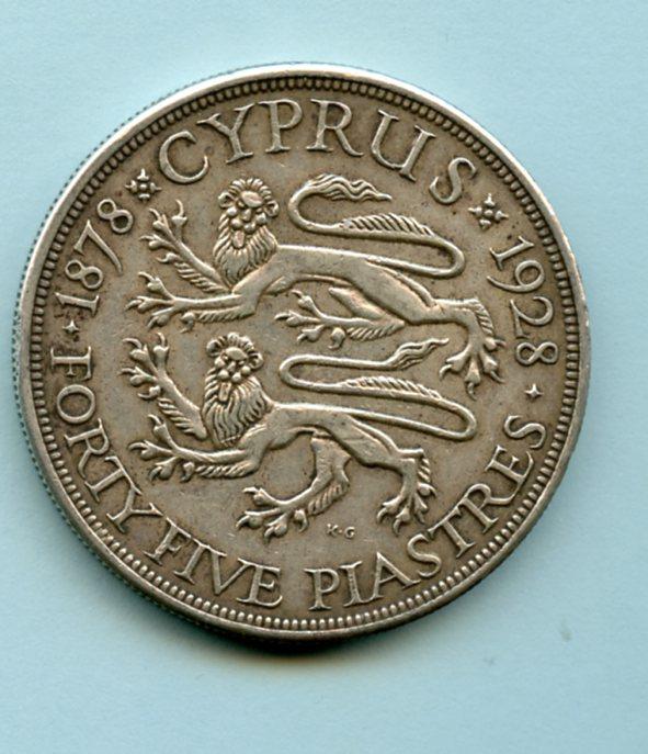 Cyprus  Forty Five Piastres  Silver Crown Coin Dated  1928