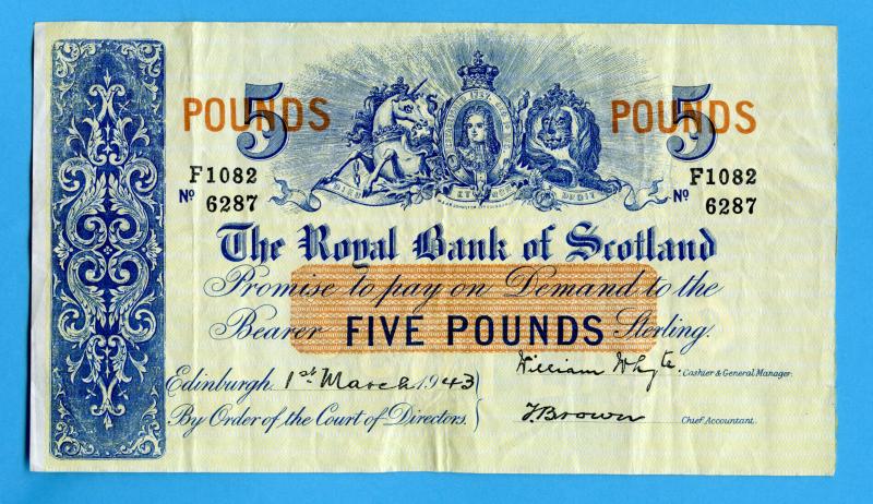 Royal Bank Of Scotland £5 Five Pounds Note  Dated 1st March 1943