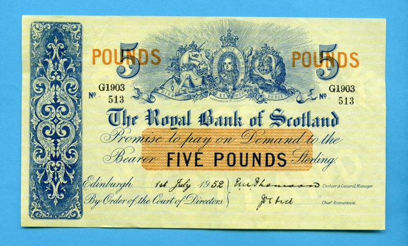 Royal Bank Of Scotland £5 Five Pounds Note  Dated 1st July 1952