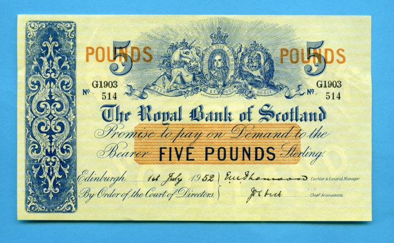 Royal Bank Of Scotland £5 Five Pounds Note  Dated 1st July 1952