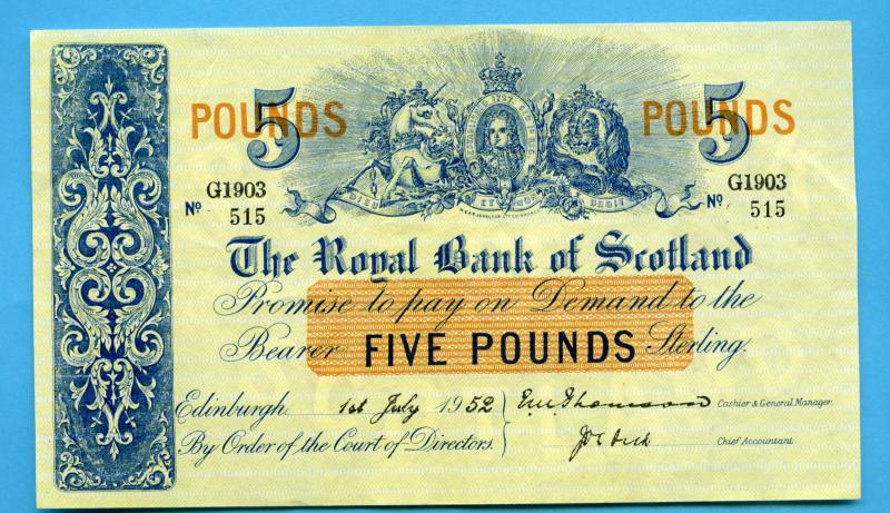 Royal Bank Of Scotland £5 Five Pounds Note  Dated 1st July 1952