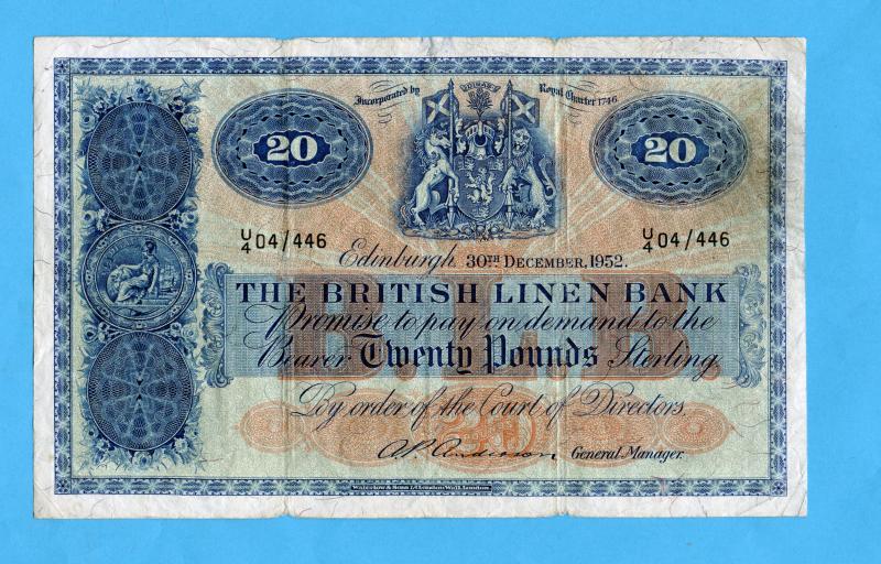 British Linen Bank  £20 Twenty Pounds Banknote Dated  Edinburgh 30th December 1952