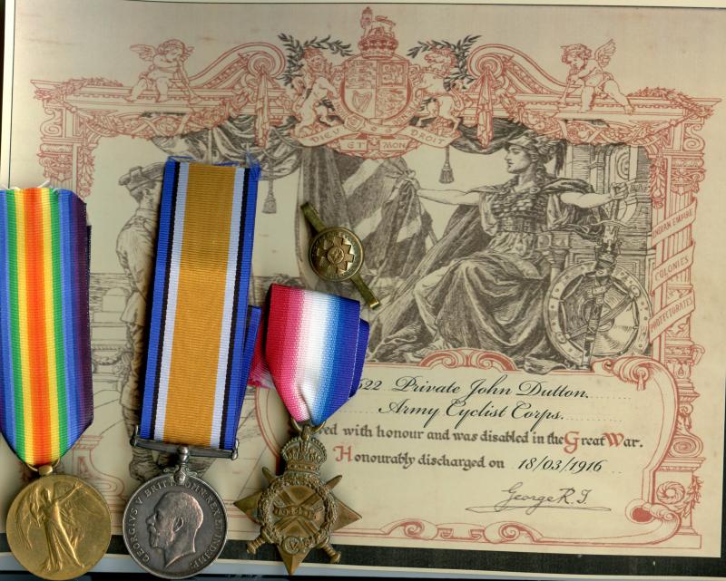 WW1 1914-15 Trio World War One Medals To Pte John Dutton Highland Cyclist Bn Army Cyclist Corps ( With Highland Cyclist Battalion Button Brooch)