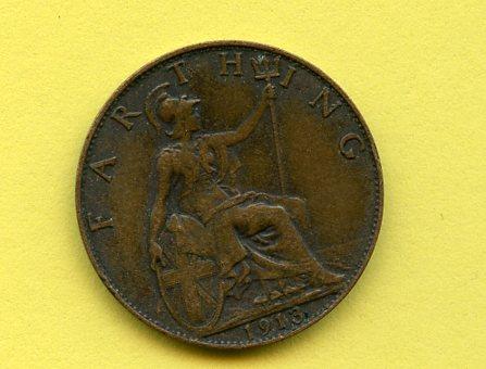 UK  George V Farthing Coin Dated 1913