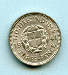 UK George VI  Silver Three Pence Coin Dated 1941