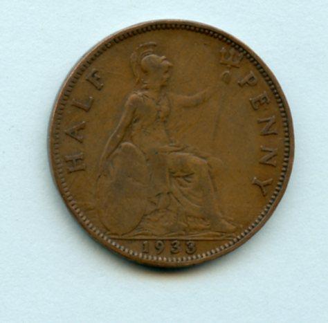 UK George V  Half Penny Coin  Dated 1933