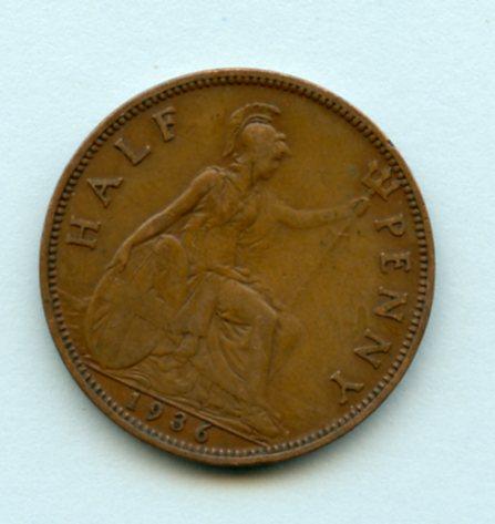 UK George V  Half Penny Coin  Dated 1936