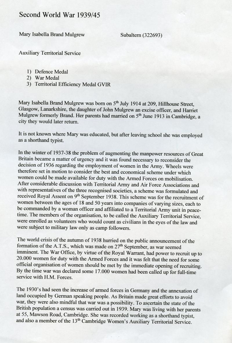 WW2 Territorial Medal Group To Subaltern Mary Isabella Brand Mulgrew, Auxiliary Territorial service