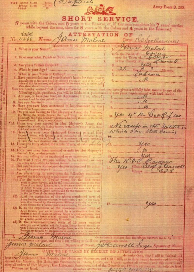 India General Service 1895 To Pte James Malone, Kings Own Scottish Borderers