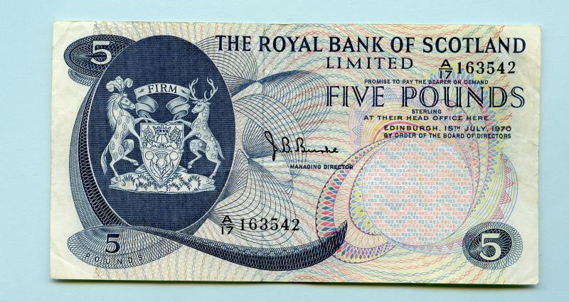 Royal Bank of Scotland  £5 Five Pounds Note Dated 15th July 1970