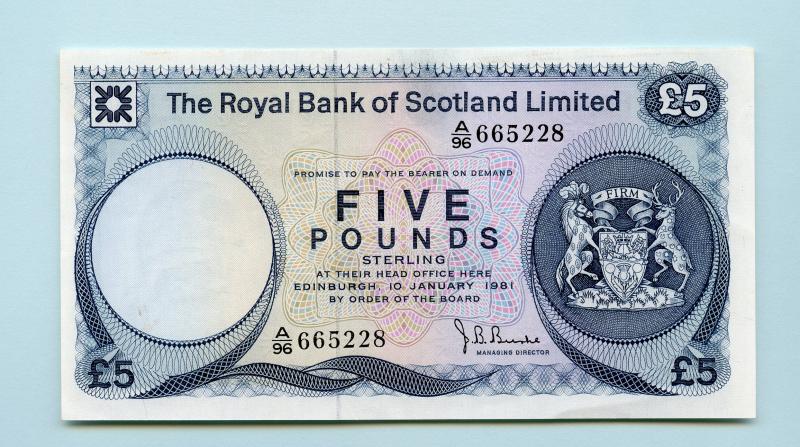 Royal Bank Of Scotland £5 Five Pounds Note  Dated 10th January 1981