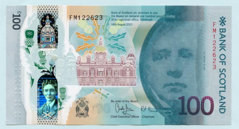 Bank of Scotland  New Polymer  Dr Flora Murray Commemorative £100 One Hundred Pounds Note Dated 16th August 2021