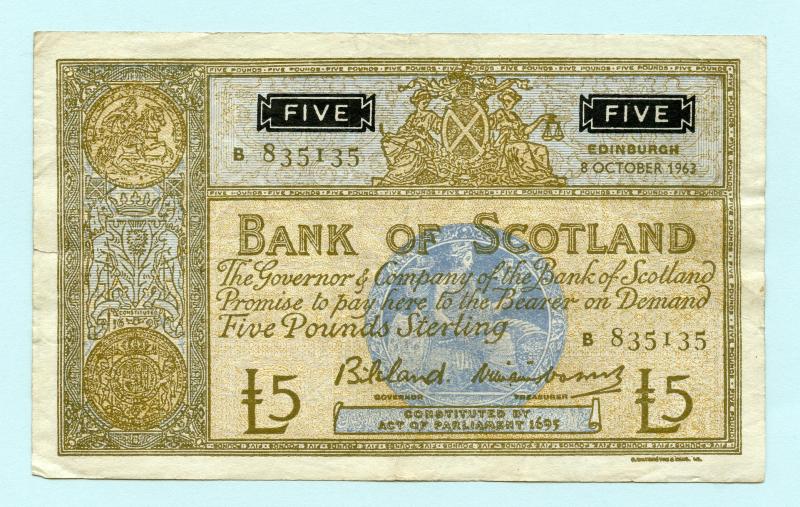 Bank of Scotland  £5 Five Pounds Note Dated 8th October 1963