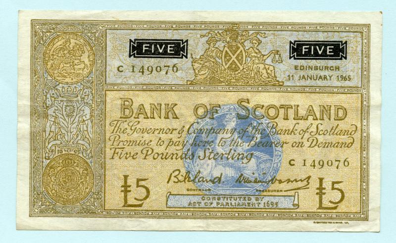 Bank of Scotland  £5 Five Pounds Note Dated 11th January 1965