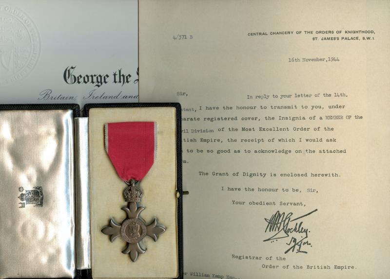 The Most Excellent Order of the British Empire,  MBE (Civil) ; Awarded to Walter William Kemp , Staff Officer, Air Ministry. of Harrogate