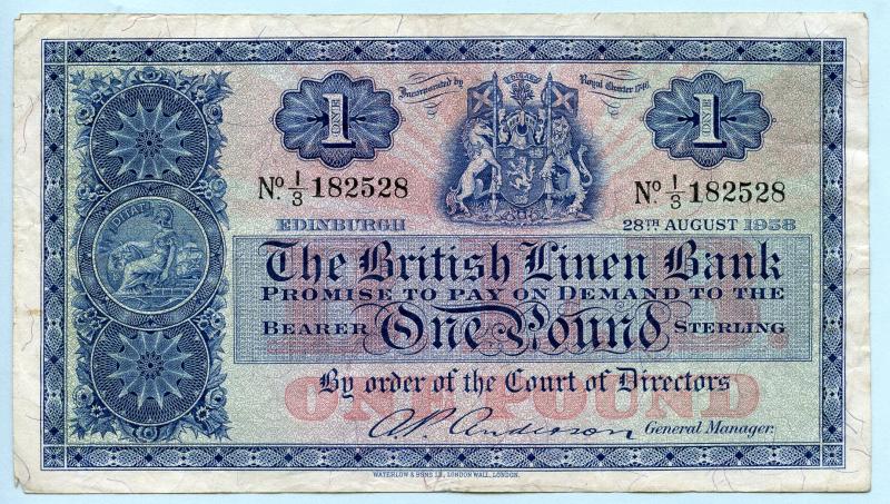 British Linen Bank  £1 One Pound Banknote Dated 28th August 1958