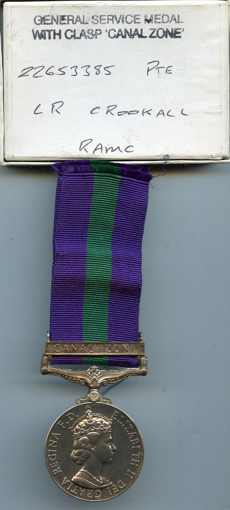 General Service Medal 1918-62 : 1 Clasp Canal Zone To  Pte  L. R. Crookall, Royal Army Medical Corps